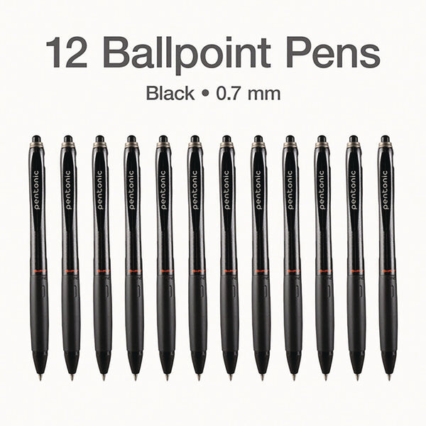 TOPS™ PENTONIC Retractable Ballpoint Pen, Fine 0.7 mm, Black Ink, Black Barrel, 12/Pack (PNT12120) Pack of 12