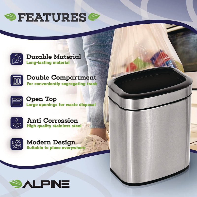 Alpine Industries Stainless Steel Rectangular Liner Open Top Trash Can, 2.6 gal, Brushed Stainless Steel (ALHALP47010L) Each