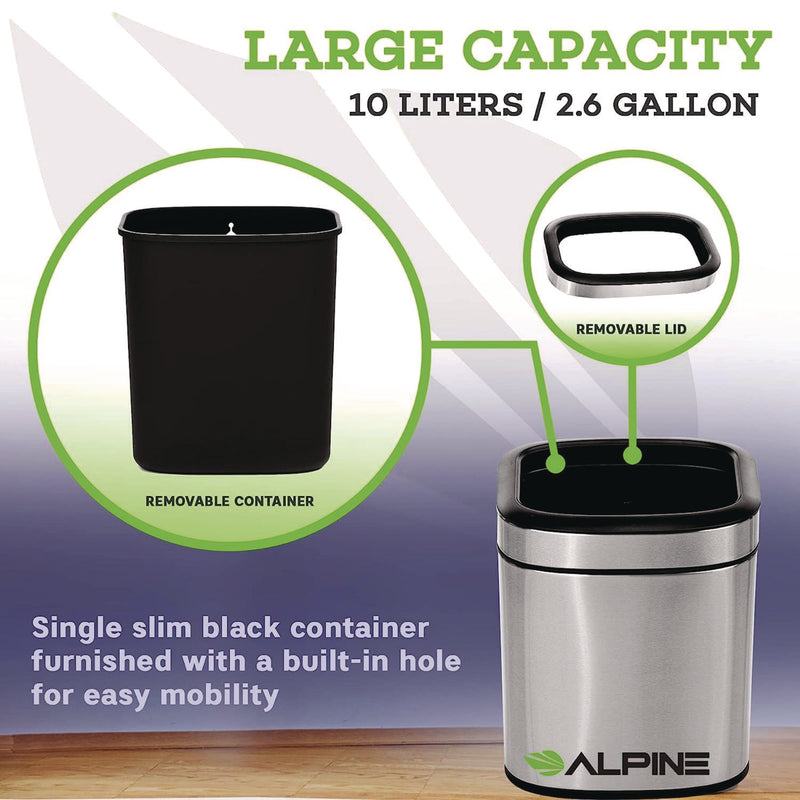 Alpine Industries Stainless Steel Rectangular Liner Open Top Trash Can, 2.6 gal, Brushed Stainless Steel (ALHALP47010L) Each