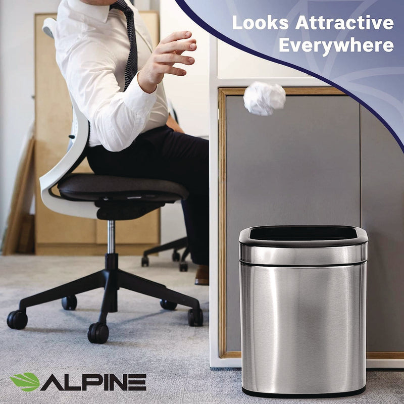 Alpine Industries Stainless Steel Rectangular Liner Open Top Trash Can, 2.6 gal, Brushed Stainless Steel (ALHALP47010L) Each
