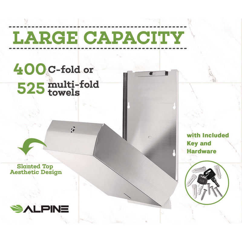 Alpine Industries Vertical C-Fold/Multi-Fold Paper Towel Dispenser, 14.5 x 4 x 11.2, Brushed Stainless Steel (ALHALP480) Each