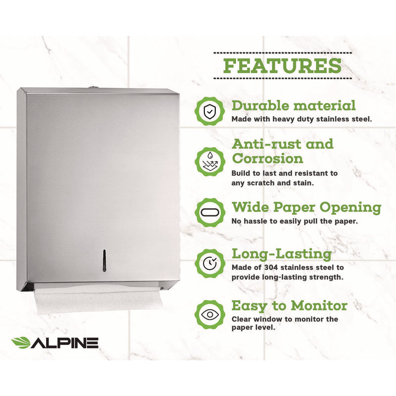 Alpine Industries Vertical C-Fold/Multi-Fold Paper Towel Dispenser, 14.5 x 4 x 11.2, Brushed Stainless Steel (ALHALP480) Each