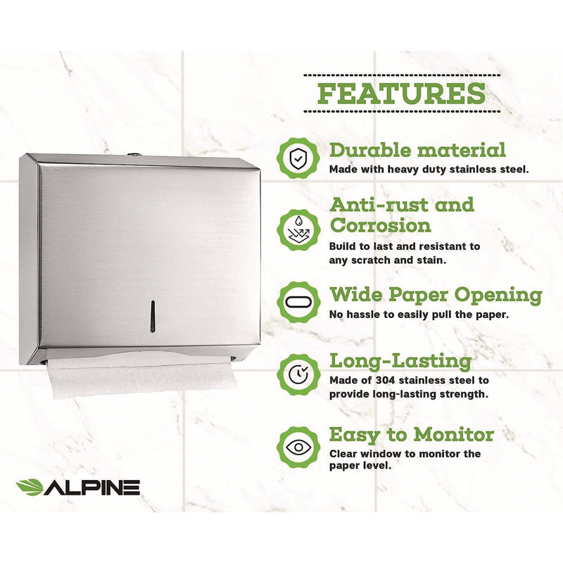 Alpine Industries Horizontal C-Fold/Multi-Fold Paper Towel Dispenser, 10.2 x 4 x 11.2, Brushed Nickel (ALHALP481) Each