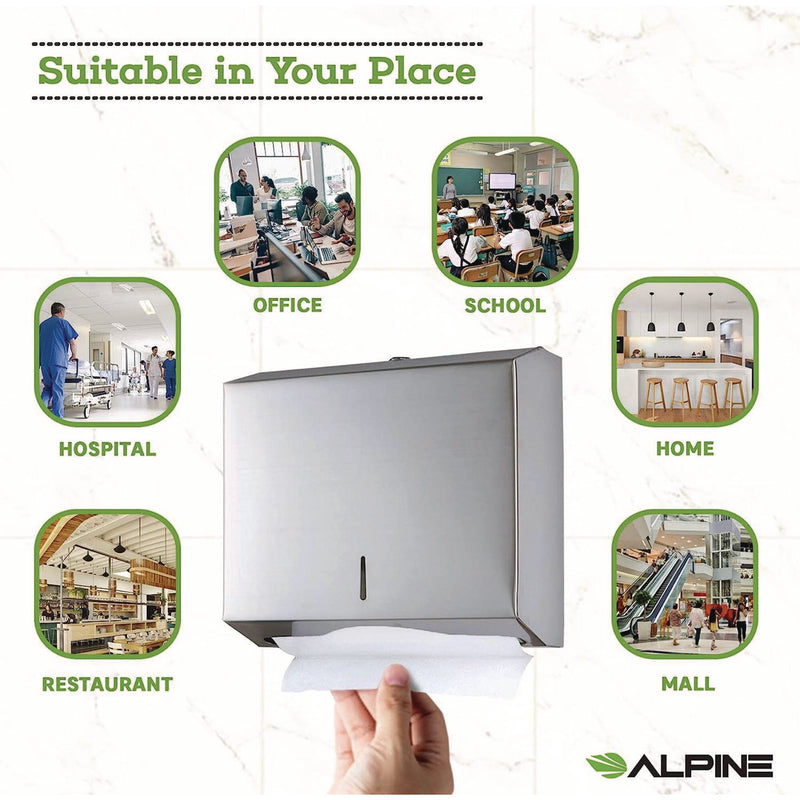 Alpine Industries Horizontal C-Fold/Multi-Fold Paper Towel Dispenser, 10.2 x 4 x 11.2, Brushed Nickel (ALHALP481) Each