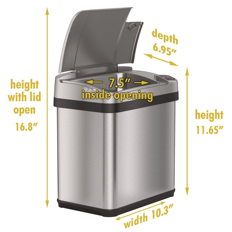 HLS Commercial® Rectangular Sensor Trash Can, 2.5 gal, Plastic, Silver (HLMHLS02SS) Each