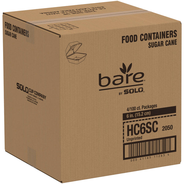 SOLO® Bare Eco-Forward Bagasse Hinged Lid Containers, 5.8 x 6.1 x 3.2, Ivory, Sugarcane, 400/Carton (SCCHC6SC) Case of 4