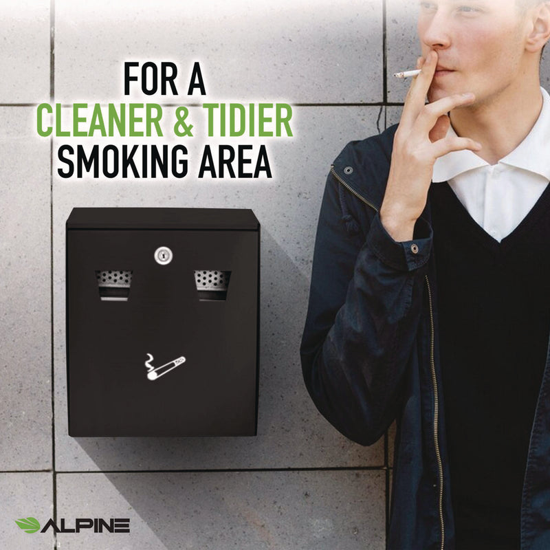 Alpine Industries Wall-Mounted Safe Cigarette Disposal Station Outdoor Ashtray, Stainless Steel, Black (ALHALP49001BLK) Each