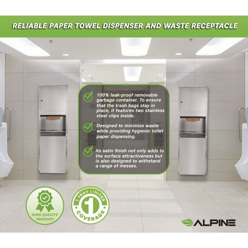 Alpine Industries Stainless Steel Recessed Paper Towel Dispenser with Waste Receptacle, 56 x 4 x 17 (ALHALP492) Each