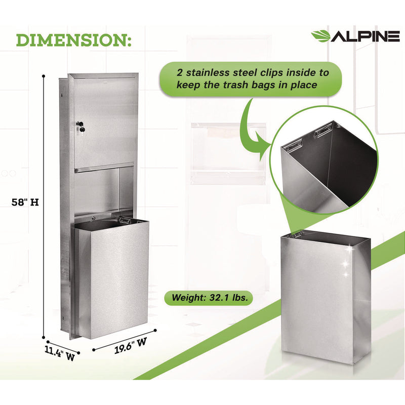 Alpine Industries Stainless Steel Recessed Paper Towel Dispenser with Waste Receptacle, 56 x 4 x 17 (ALHALP492) Each