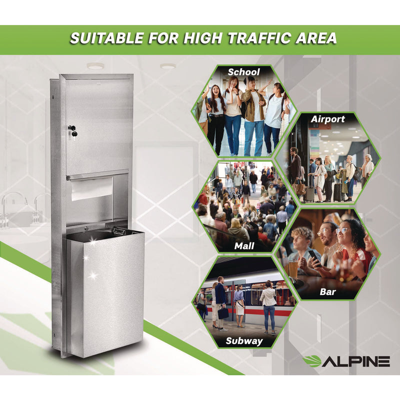 Alpine Industries Stainless Steel Recessed Paper Towel Dispenser with Waste Receptacle, 56 x 4 x 17 (ALHALP492) Each