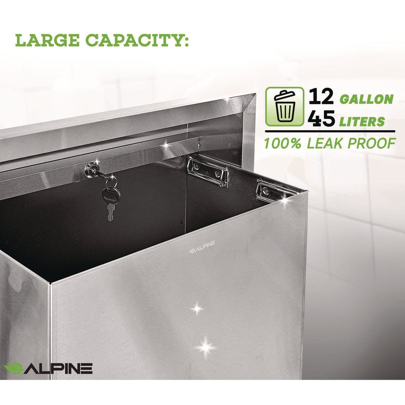 Alpine Industries Stainless Steel Recessed 12 Gal Leak-Proof Waste Receptacle, Brushed Stainless Steel (ALHALP493) Each