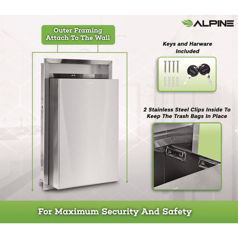 Alpine Industries Stainless Steel Recessed 12 Gal Leak-Proof Waste Receptacle, Brushed Stainless Steel (ALHALP493) Each