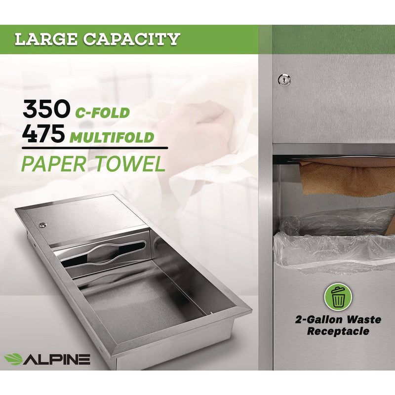 Alpine Industries Recessed Commercial Paper Towel Dispenser with 2 Gal Waste Receptacle, 28 x 4.3 x 14, Stainless Steel (ALHALP495) Each