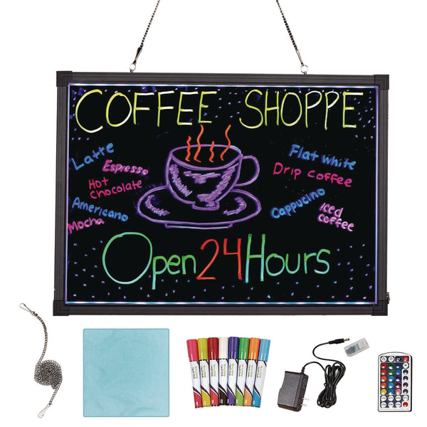 Alpine Industries LED Illuminated Hanging Message Writing Board, 19.7" x 27.6", Black Surface, Black Aluminum Frame (ALHALP49503) Each