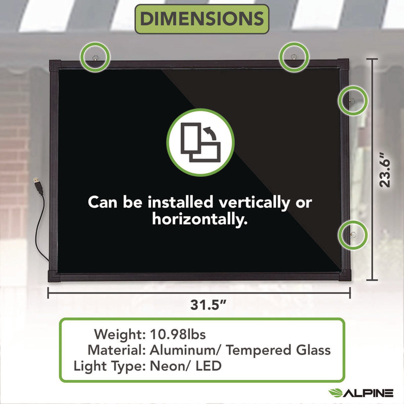 Alpine Industries LED Illuminated Hanging Message Writing Board, 23.6" x 31.5", Black Surface, Black Aluminum Frame (ALHALP49504) Each