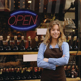 Alpine Industries LED Oval Open Sign, 23 x 14, Black Frame, Blue/Red Graphics (ALHALP49702) Each