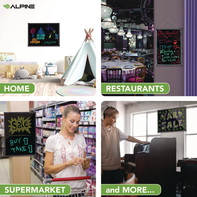 Alpine Industries LED Illuminated Hanging Message Writing Board, 23.6" x 31.5", Black Surface, Black Aluminum Frame (ALHALP49504) Each