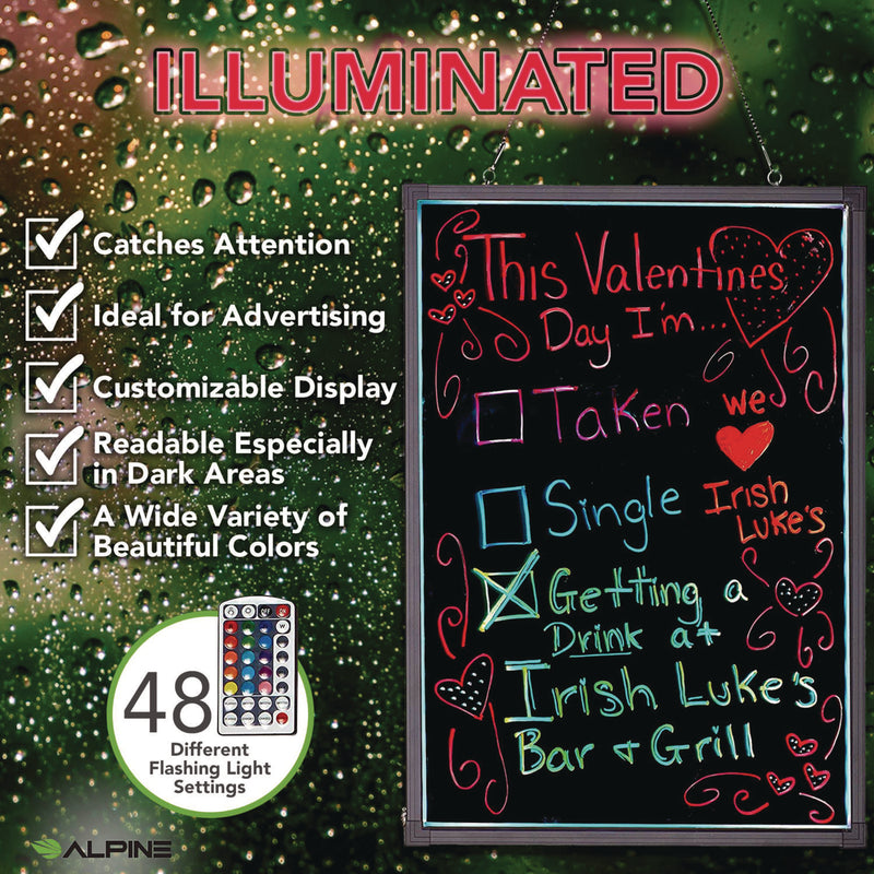 Alpine Industries LED Illuminated Hanging Message Writing Board, 23.6" x 31.5", Black Surface, Black Aluminum Frame (ALHALP49504) Each