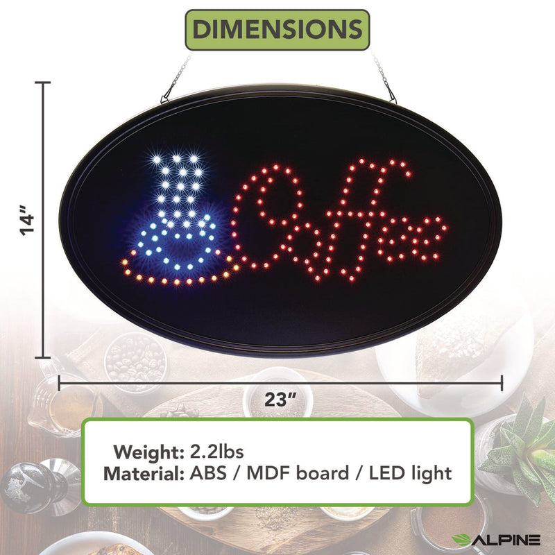 Alpine Industries LED Oval Coffee Sign, 23 x 14, Black Frame, Blue/Red Graphics (ALHALP49705) Each