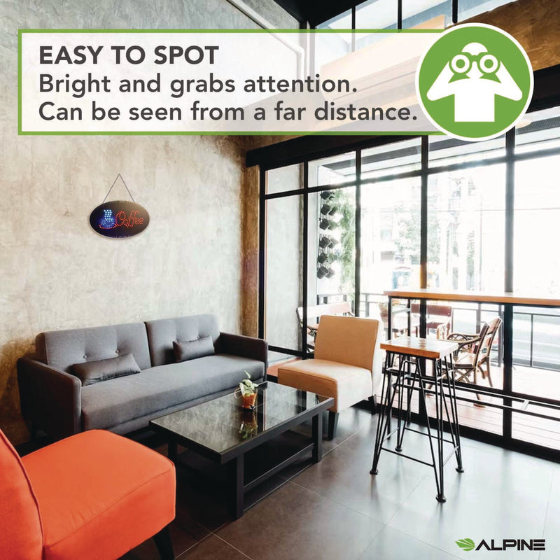 Alpine Industries LED Oval Coffee Sign, 23 x 14, Black Frame, Blue/Red Graphics (ALHALP49705) Each