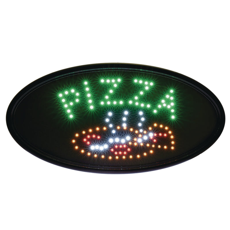 Alpine Industries LED Oval Pizza Sign, 23 x 14, Black Frame, Green/Orange/Red/White Graphics (ALHALP49707) Each