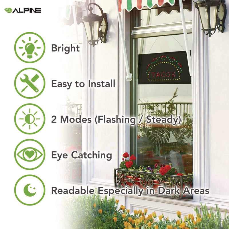 Alpine Industries LED Rectangular TACO Sign, 19 x 10, Black Frame, Green/Red/Yellow Graphics (ALHALP49711) Each