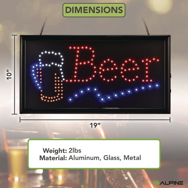 Alpine Industries LED Rectangular Beer Sign, 19 x 10, Black Frame, Blue/Green/Orange/Red/White Graphics (ALHALP49714) Each
