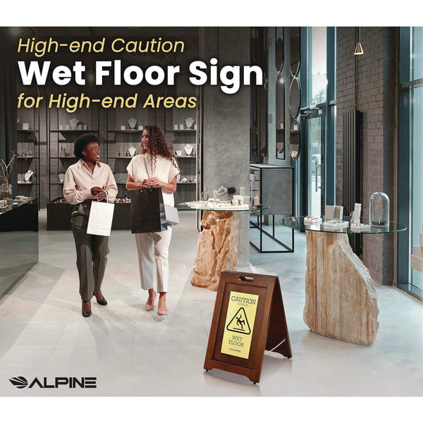 Alpine Industries 2-Sided Plated Wooden A-Frame Bilingual Wet Floor Sign, 15 x 2 x 24, Brass (ALHALP499BRA) Each