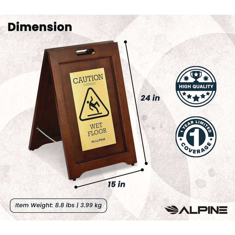 Alpine Industries 2-Sided Plated Wooden A-Frame Bilingual Wet Floor Sign, 15 x 2 x 24, Brass (ALHALP499BRA) Each