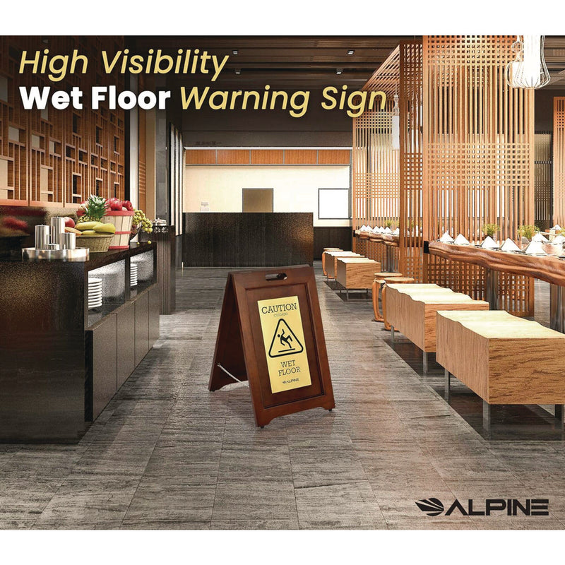 Alpine Industries 2-Sided Plated Wooden A-Frame Bilingual Wet Floor Sign, 15 x 2 x 24, Brass (ALHALP499BRA) Each