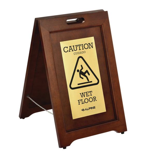 Alpine Industries 2-Sided Plated Wooden A-Frame Bilingual Wet Floor Sign, 15 x 2 x 24, Brass (ALHALP499BRA) Each