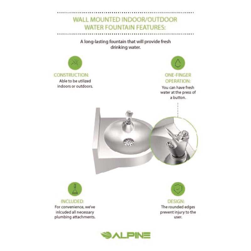 Alpine Industries Wall-Mounted Indoor/Outdoor Water Fountain, Single-Level, Non-Filtered, Non-Refrigerated, Silver (ALHALP70001) Each