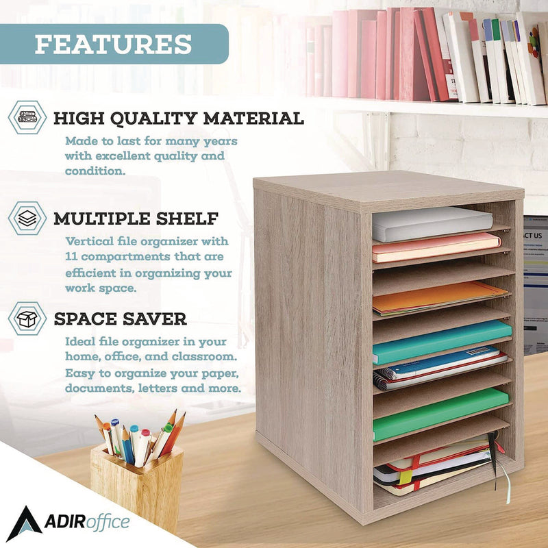 AdirOffice 11 Compartment Wood Mail Paper Sorter Literature Organizer, 11 Sections, Letter Size, 10.75 x 11.75 x 16.2, Medium Oak (ALHI50011MEO) Each