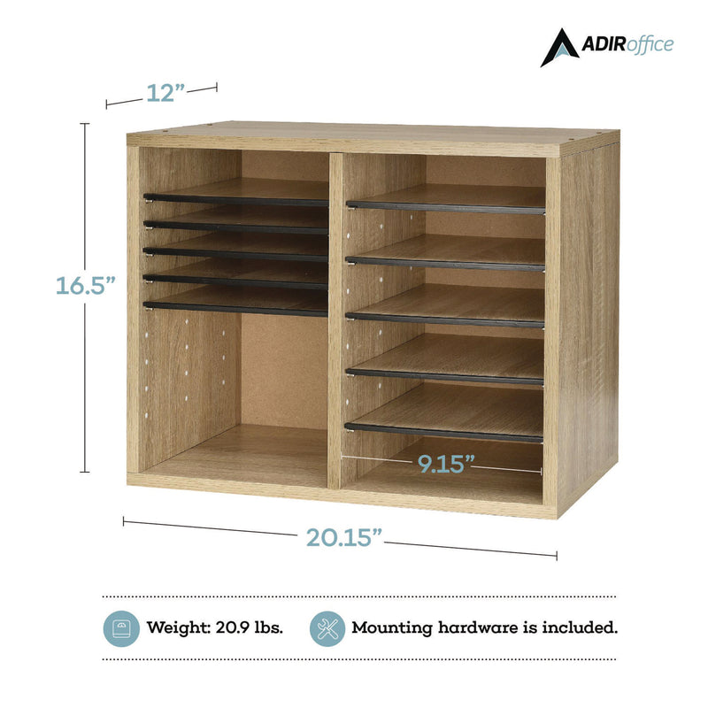 AdirOffice Wood Adjustable 12 Compartment Literature Organizer, 12 Sections, Letter Size, 20 x 11.8 x 16.3, Medium Oak (ALHI50012MEO) Each