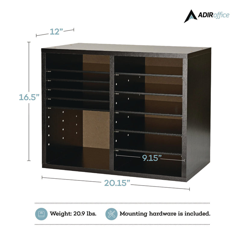 AdirOffice Wood Adjustable 12 Compartment Literature Organizer, 12 Sections, Letter Size, 20 x 11.8 x 16.3, Black (ALHI50012BLK) Each