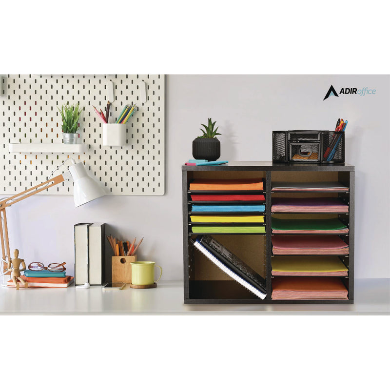 AdirOffice Wood Adjustable 12 Compartment Literature Organizer, 12 Sections, Letter Size, 20 x 11.8 x 16.3, Black (ALHI50012BLK) Each