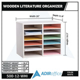 AdirOffice Wood Adjustable 12 Compartment Literature Organizer, 12 Sections, Letter Size, 20 x 11.8 x 16.3, White (ALHI50012WHI) Each