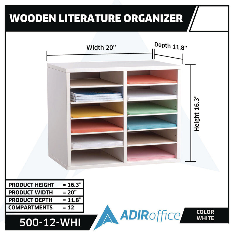 AdirOffice Wood Adjustable 12 Compartment Literature Organizer, 12 Sections, Letter Size, 20 x 11.8 x 16.3, White (ALHI50012WHI) Each