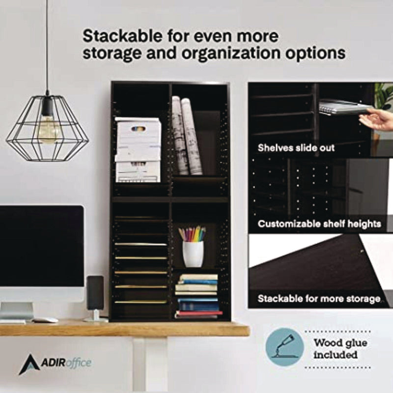 AdirOffice Wood Adjustable 16 Compartment Literature Organizer, 16 Sections, Letter Size, 20 x 11.8 x 21.4, Black (ALHI50016BLK) Each