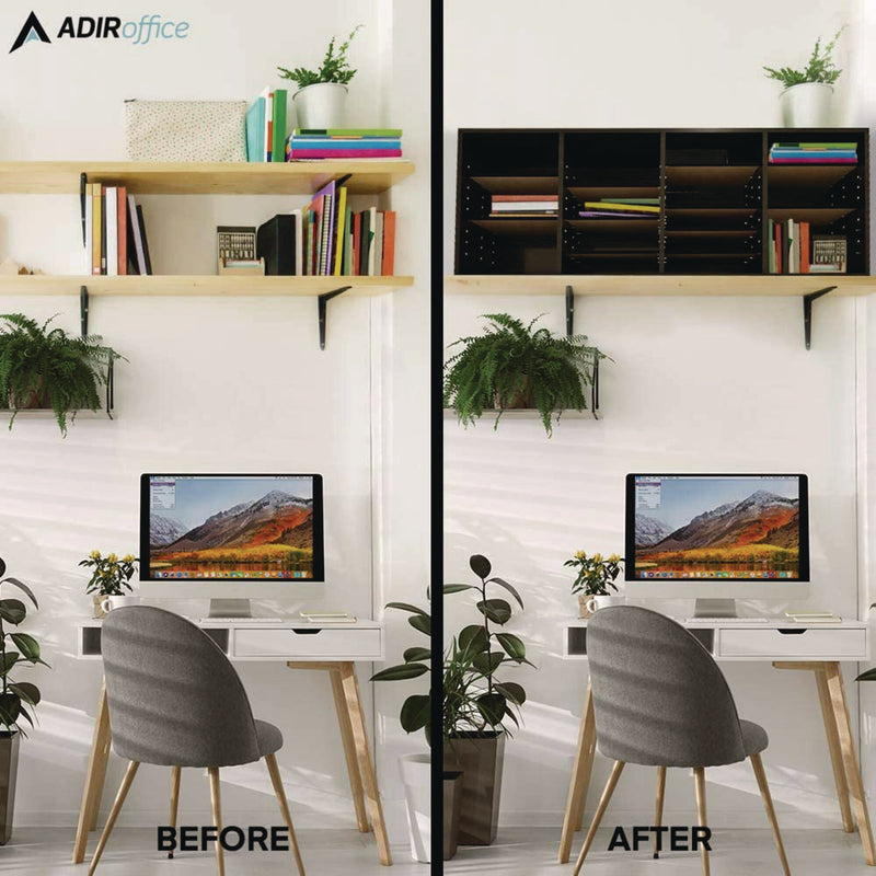 AdirOffice Wood Adjustable 24 Compartment Literature Organizer, 24 Sections, Letter Size, 39.3 x 11.8 x 16.3, Black (ALHI50024BLK) Each