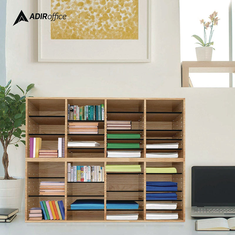 AdirOffice Wood Adjustable 24 Compartment Literature Organizer, 24 Sections, Letter Size, 39.3 x 11.8 x 16.3, Medium Oak (ALHI50024MEO) Each
