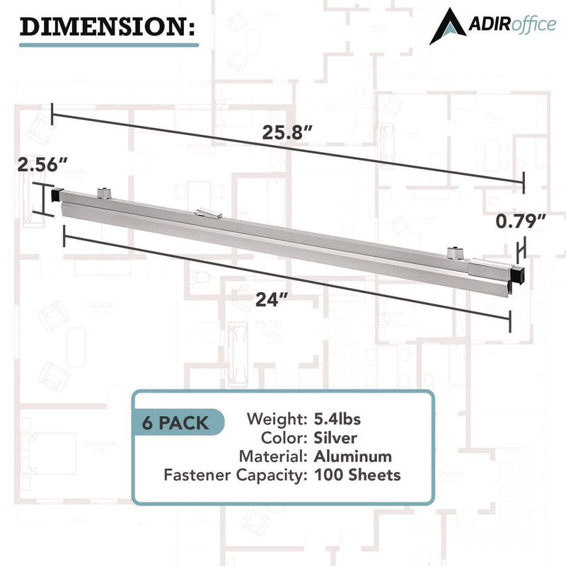 AdirOffice Blueprint Large File Document Hanging Clamps, 24" Wide Documents, 24", Silver, 6 Clamps (ALHI6026) Each