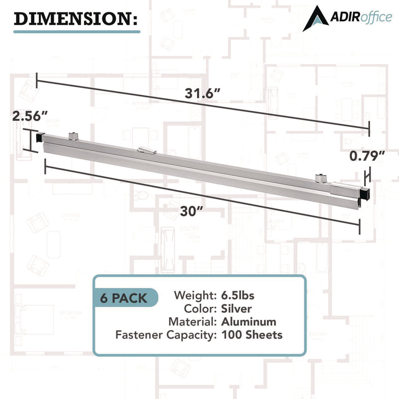 AdirOffice Blueprint Large File Document Hanging Clamps, 30" Wide Document, 30", Silver, 6 Clamps (ALHI6036) Each