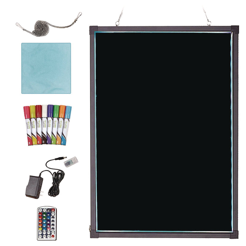 Alpine Industries LED Illuminated Hanging Message Writing Board, 23.6" x 31.5", Black Surface, Black Aluminum Frame (ALHALP49504) Each