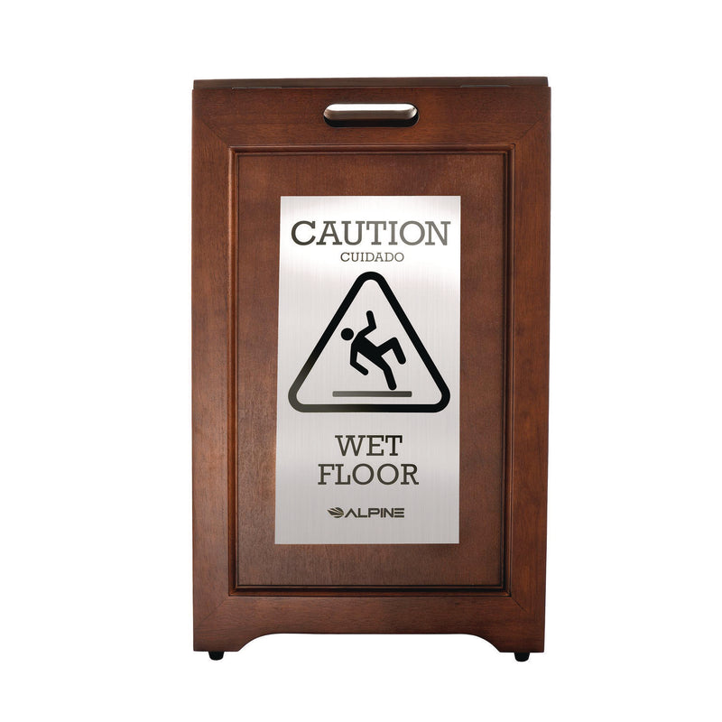 Alpine Industries 2-Sided Plated Wooden A-Frame Bilingual Wet Floor Sign, 15 x 2 x 24, Stainless Steel (ALHALP499SSB) Each