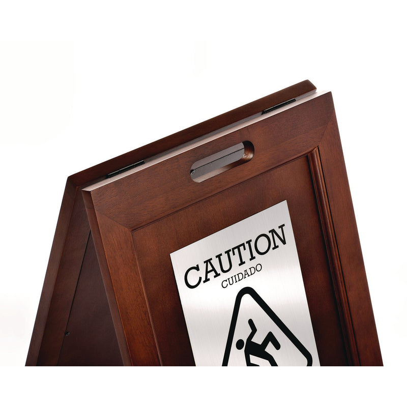 Alpine Industries 2-Sided Plated Wooden A-Frame Bilingual Wet Floor Sign, 15 x 2 x 24, Stainless Steel (ALHALP499SSB) Each