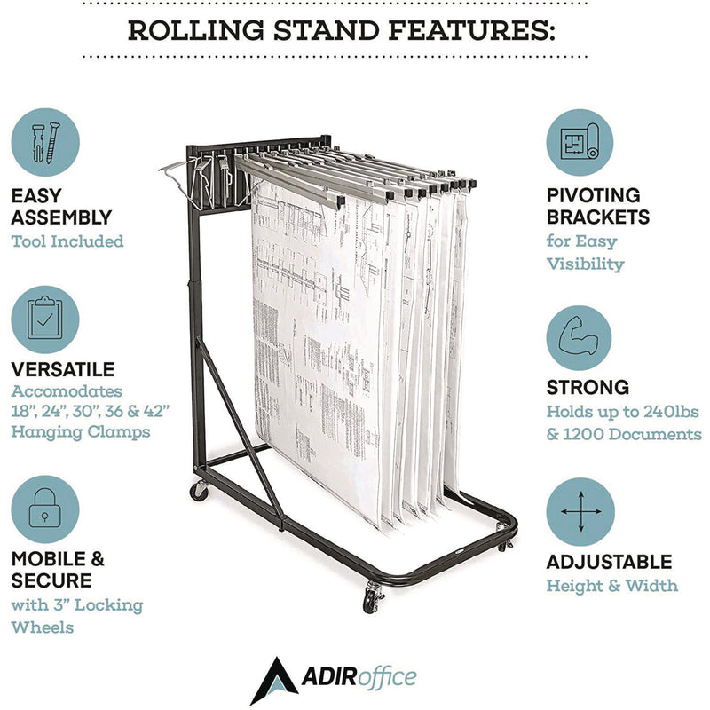 AdirOffice Blueprint Storage Cabinet Rolling Stand, Assorted Document Sizes Accomodated, 27" x 28.5" to 46.5" x 46" to 66", Black (ALHI613BLK) Each