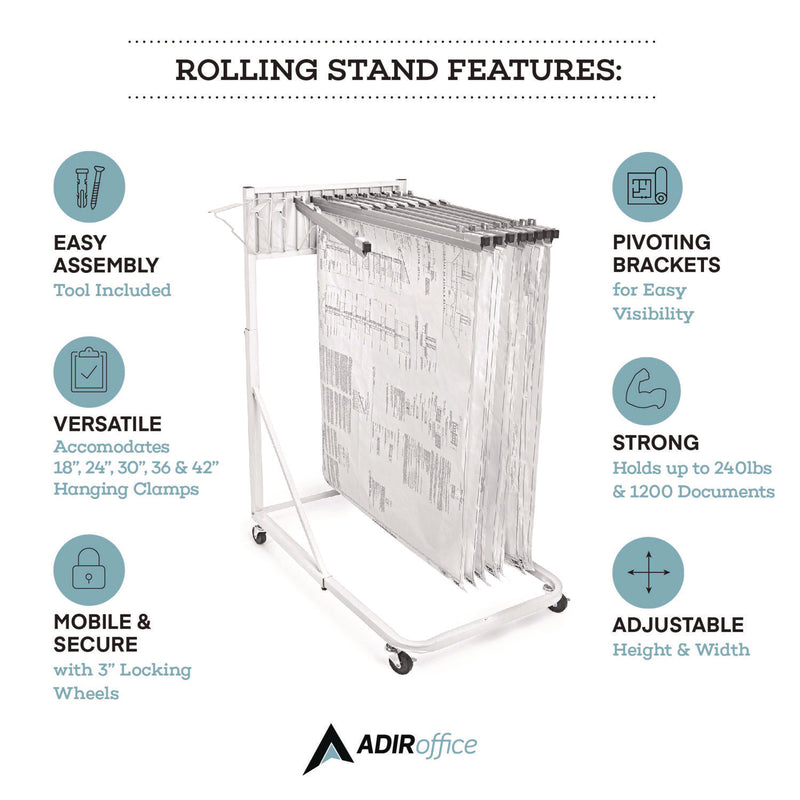 AdirOffice Blueprint Storage Cabinet Rolling Stand, Assorted Document Sizes Accomodated, 27" x 28.5" to 46.5" x 46" to 66", White (ALHI613WHI) Each