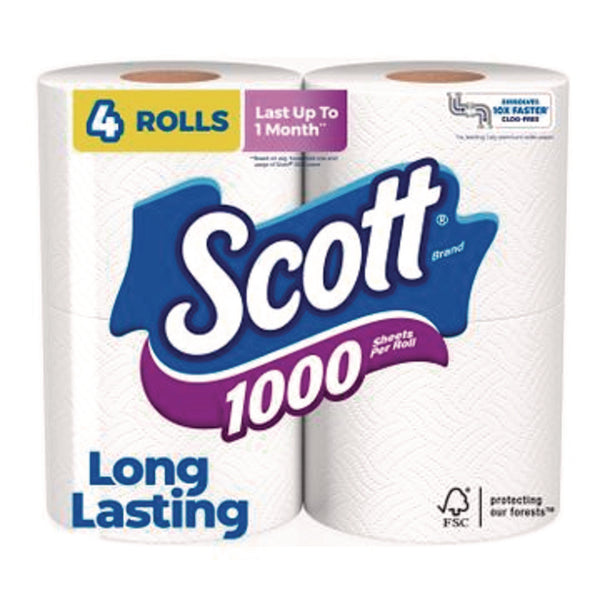 Scott® 1000 Bathroom Tissue, Septic Safe, 1-Ply, White, 1,000 Sheets/Roll, 4 Rolls/Pack, 12 Packs/Carton (KCM10183) Case of 12