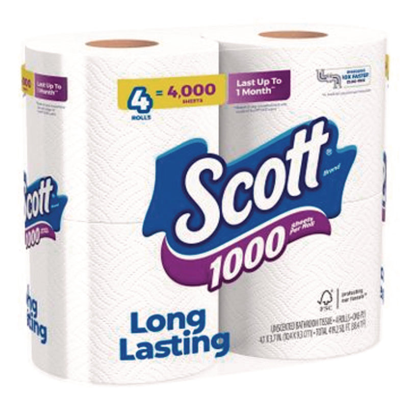 Scott® 1000 Bathroom Tissue, Septic Safe, 1-Ply, White, 1,000 Sheets/Roll, 4 Rolls/Pack, 12 Packs/Carton (KCM10183) Case of 12